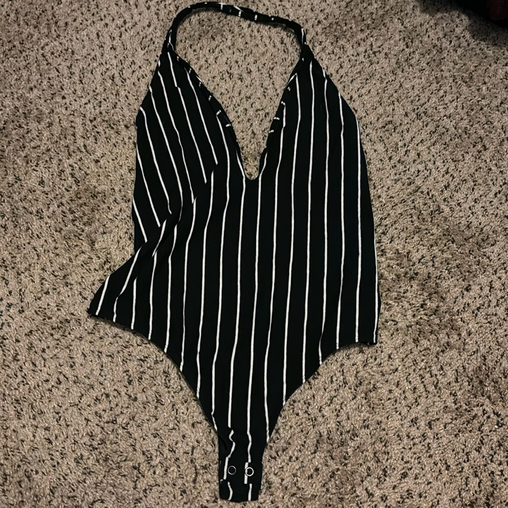 Black and white striped halter top body suit